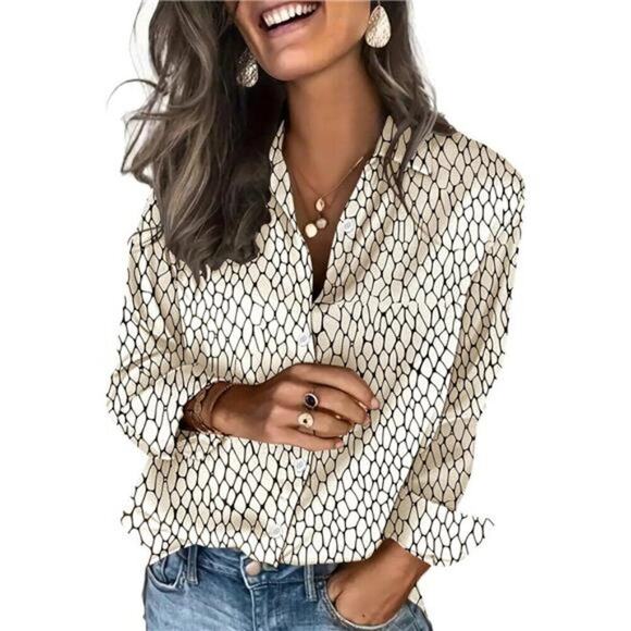 Val Boutique Tops - Satin Blouses Beige and Black Silk Button Down Shirts Long Sleeve Business